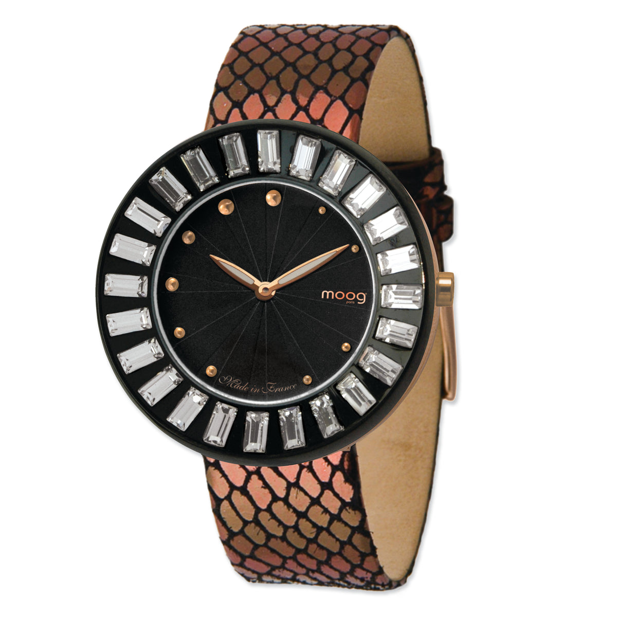 Moog Rose/Blk-pltd Crystl Blk Dial Watch w/(ME-ARG) Cppr Metallic Band