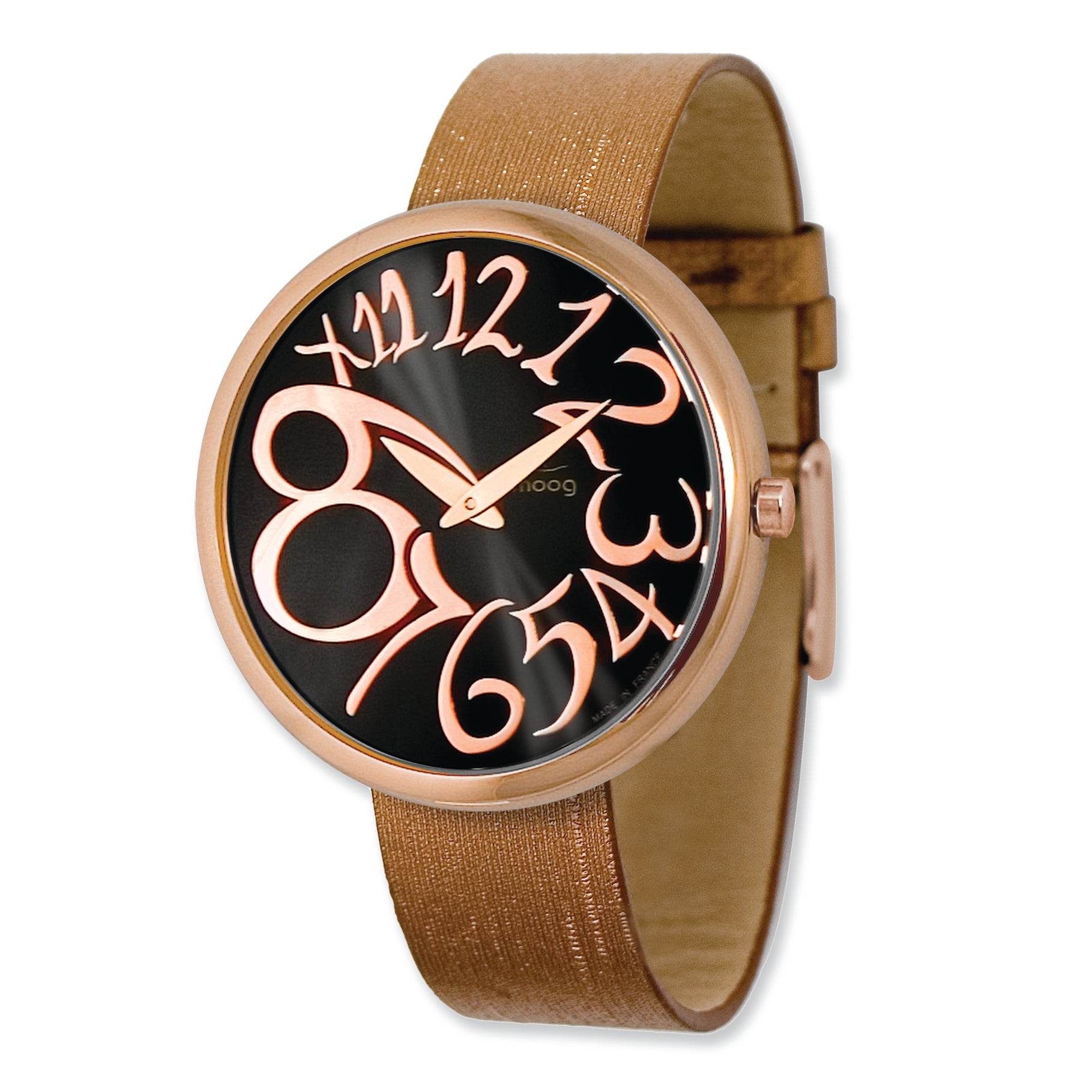Moog Rose-plated Round Blk Dial Watch w/ (PM-105RG) Brown Band