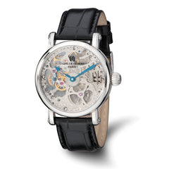 Charles Hubert Stainless Steel Black Leather Strap Skeleton Dial Watch