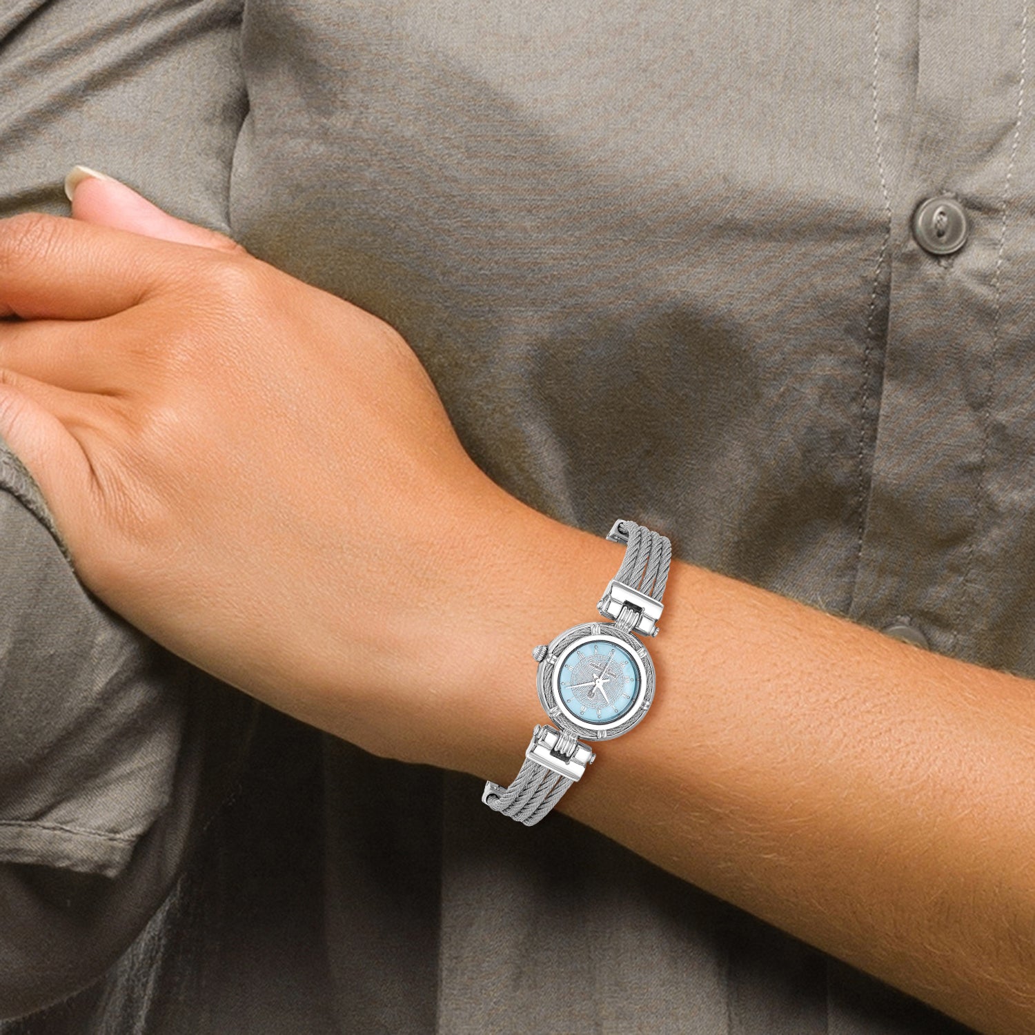 Charles Hubert Chrome Finish MOP Dial Stainless Steel Wire Bangle Watch