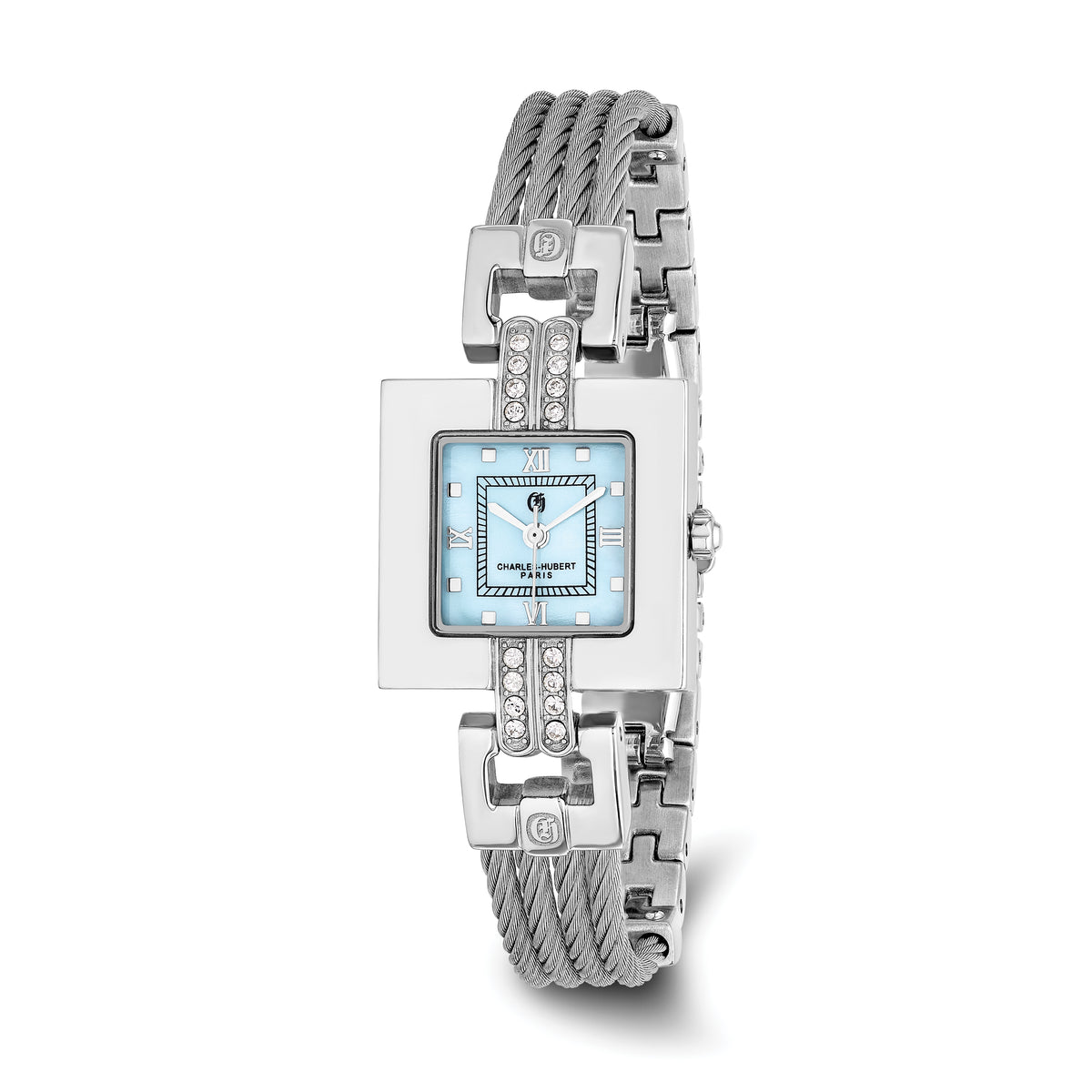 Charles Hubert Stainless Steel Wire Bangle Light Blue MOP Dial Watch