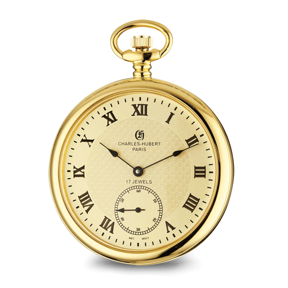 Charles Hubert IP-plated Stainless Steel Open Face Gold Dial Pocket Watch