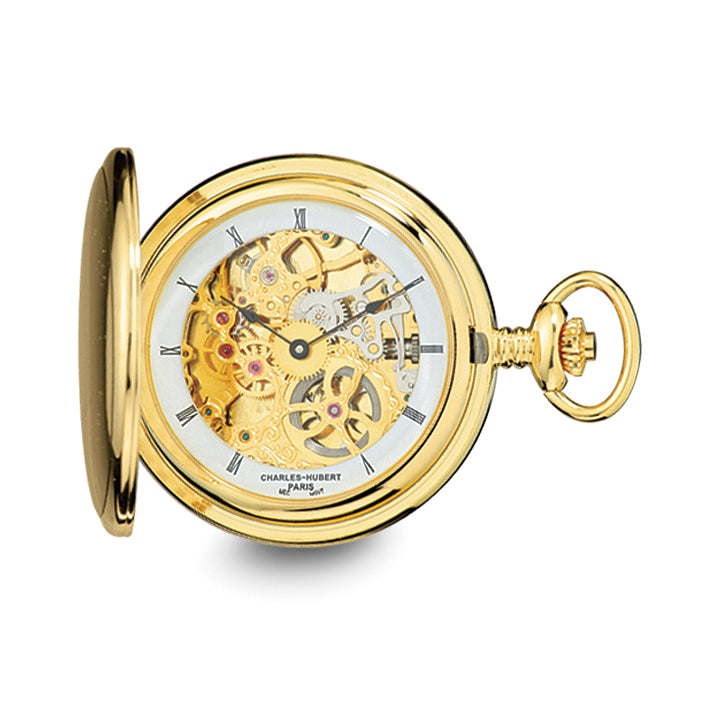 Charles Hubert IP-plated Stainless Steel Skeleton Dial Pocket Watch