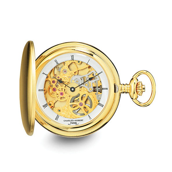 Charles Hubert IP-plated Stainless Steel Skeleton Dial Pocket Watch