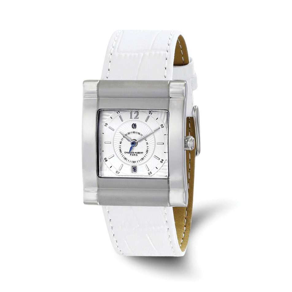 Charles-Hubert Stainless Steel White Dial with Date Leather Band Watch