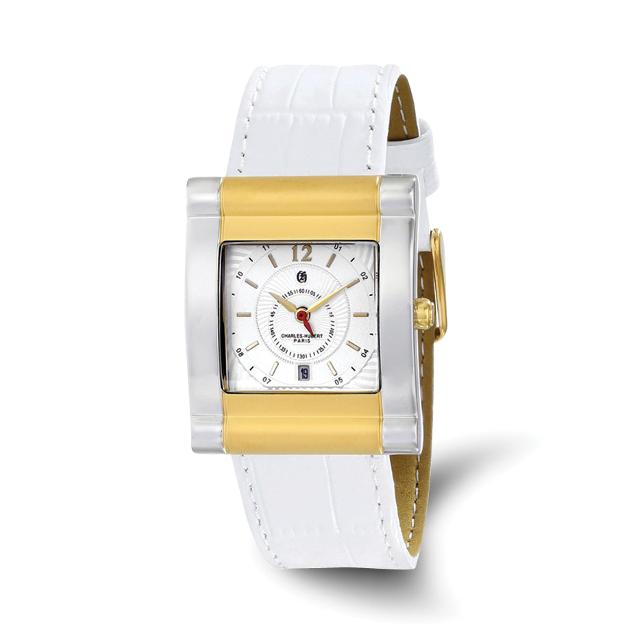 Charles-Hubert Two-Tone Yellow IP-plated Stainless Steel White Dial with Date Leather Band Watch
