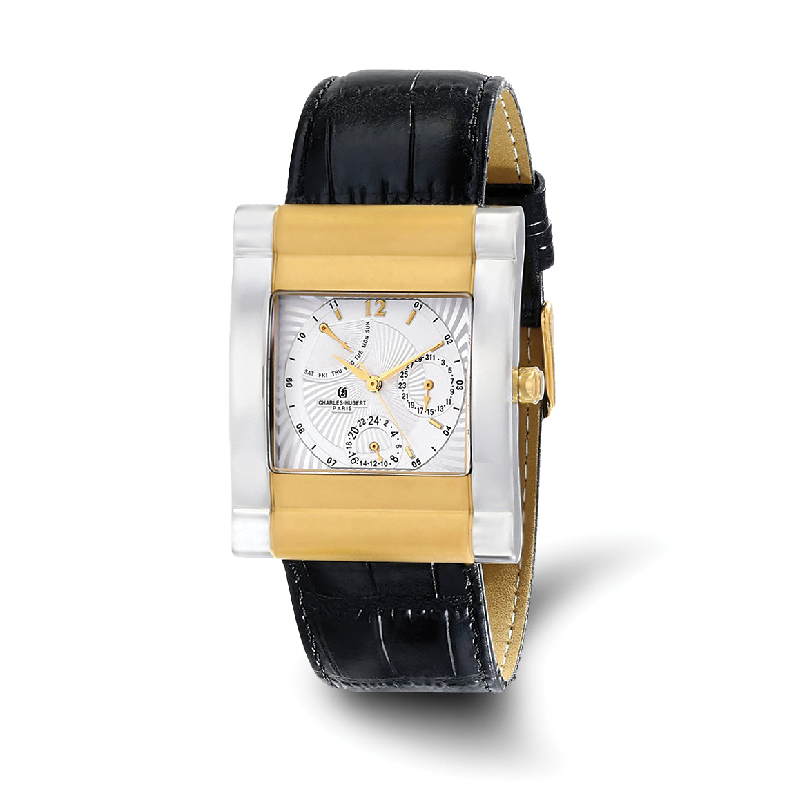 Charles-Hubert Two-Tone Yellow IP-plated Stainless Steel White Dial with Day and Date Leather Band Watch