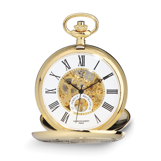 Charles Hubert Gold-finish White Skeleton Dial 53mm Pocket Watch