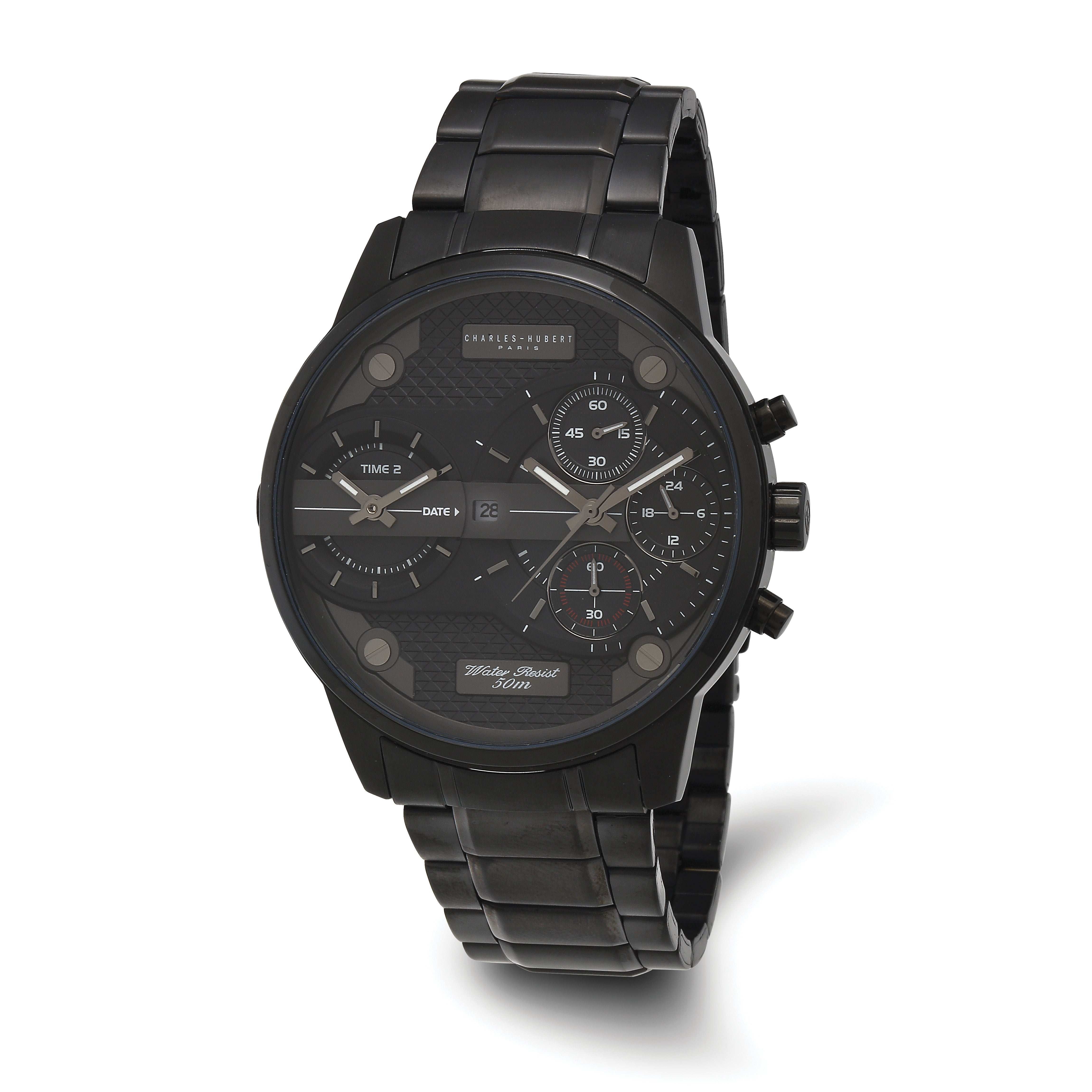 Charles Hubert Black IP-plated Stainless Chronograph Dual Time Watch