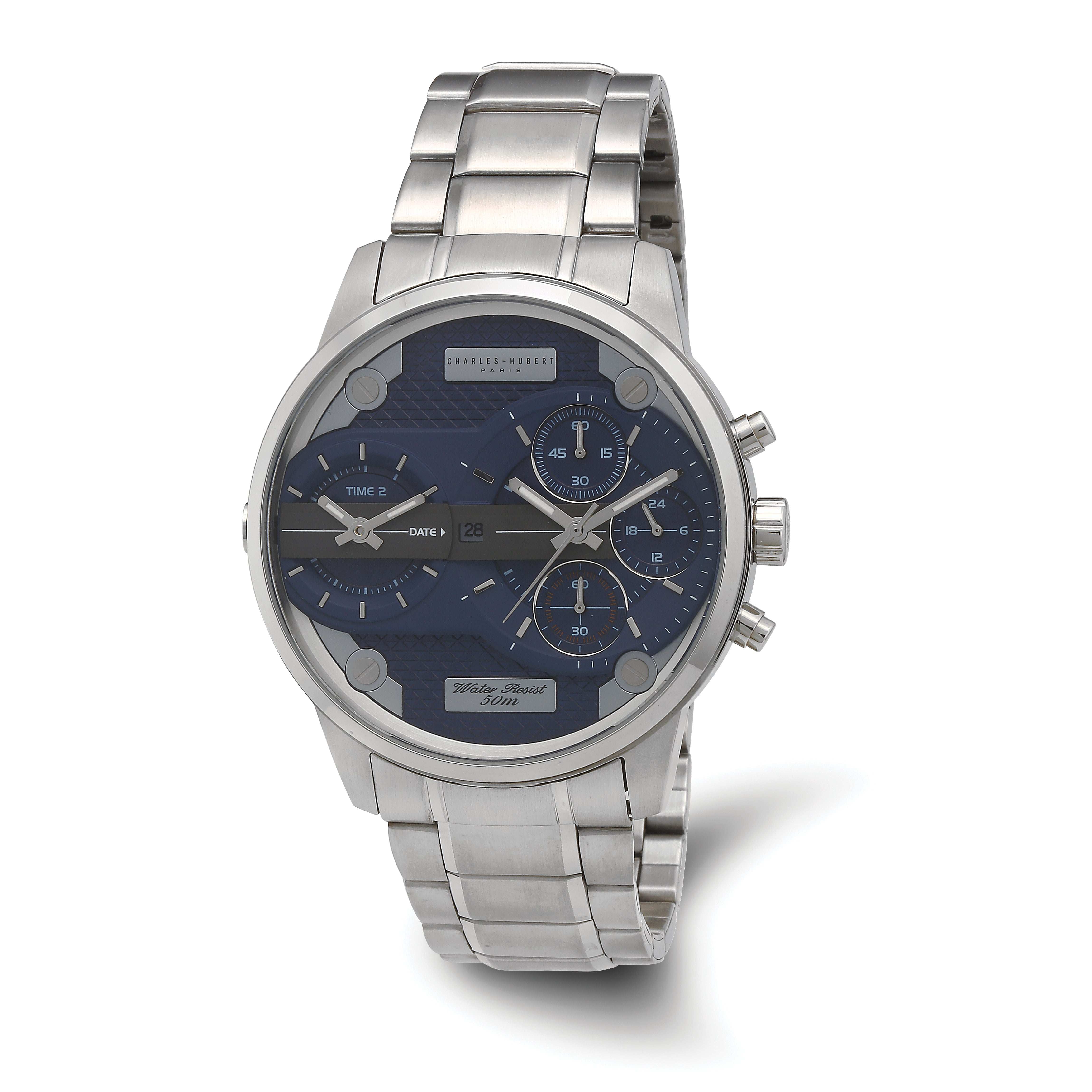 Charles Hubert Stainless Chronograph Dual Time Blue Dial Watch