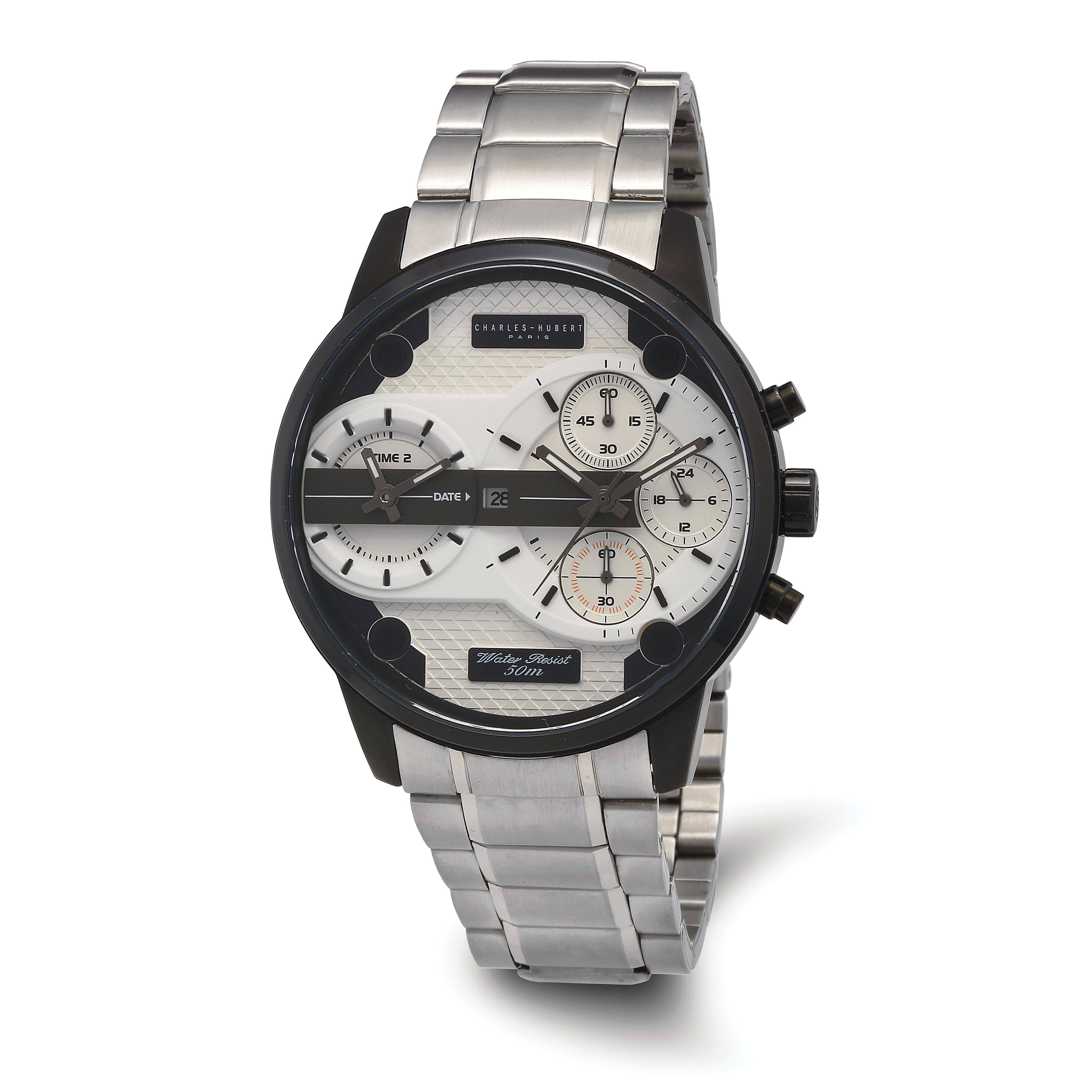 Charles Hubert Black IP-plated Stainless Chrono Dual Time Off-White Dial Wa