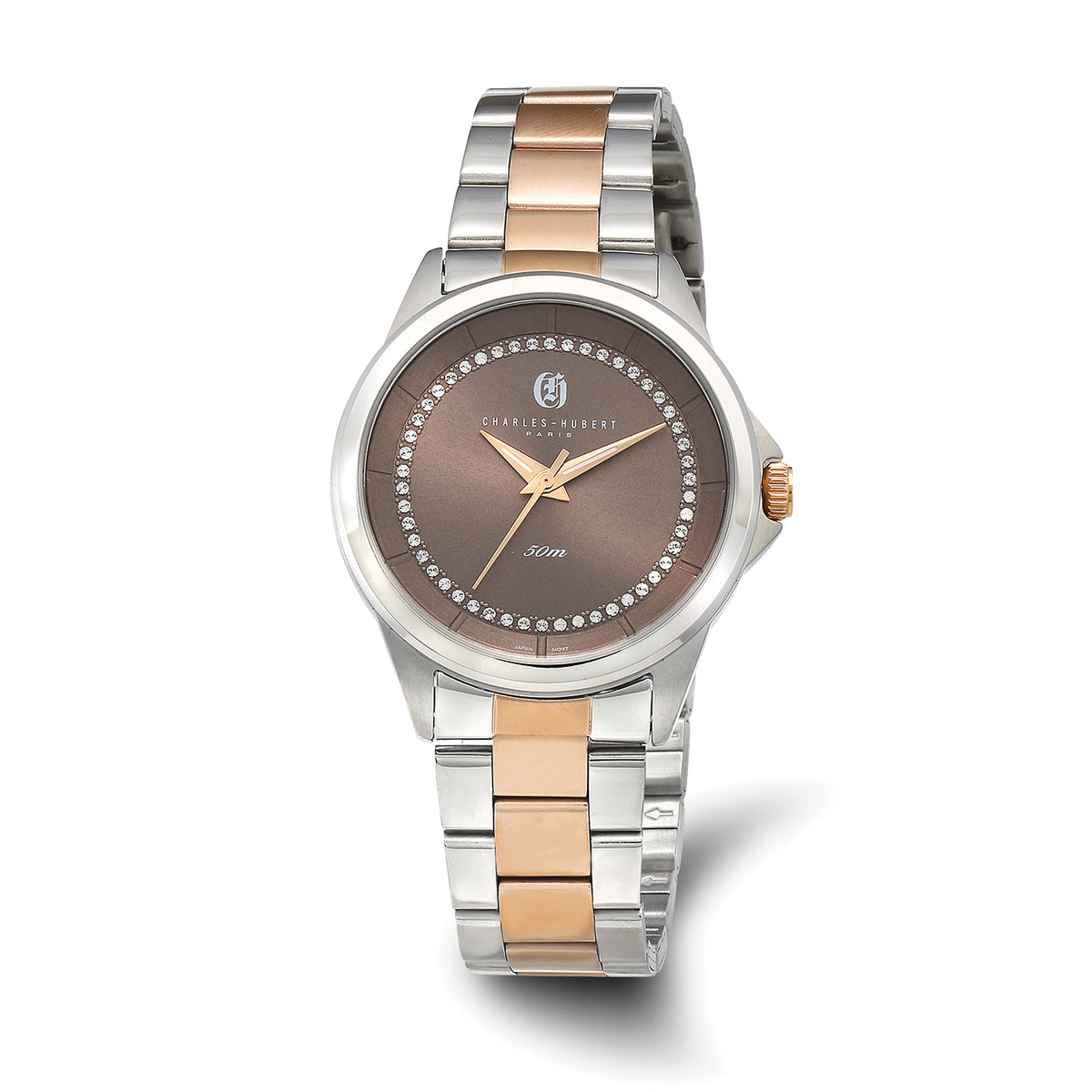Charles-Hubert Two-Tone Rose IP-Plated Stainless Light Brown and Crystal Dial Watch
