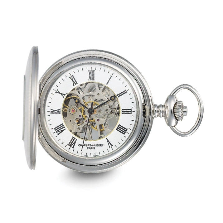 Charles Hubert Stainless Hunter Case w/Shield Skeleton Pocket Watch