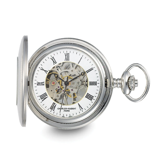 Charles Hubert Stainless Hunter Case w/Shield Skeleton Pocket Watch