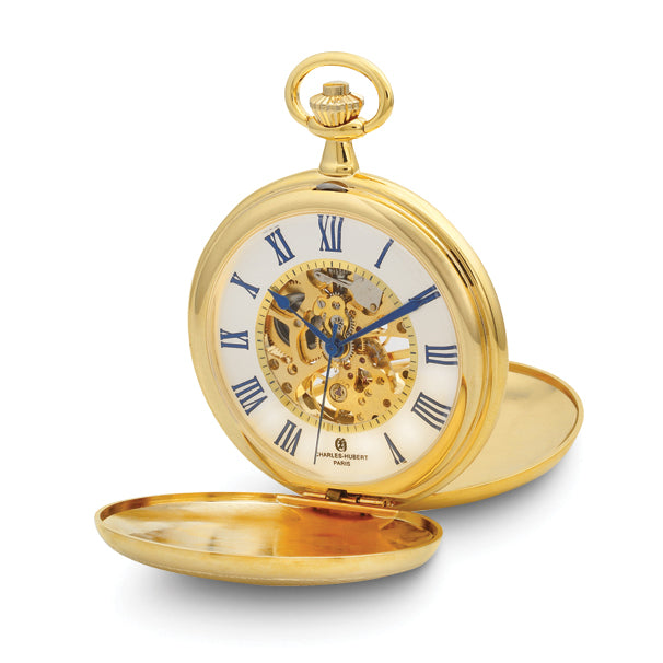 Charles Hubert Gold-finish Double Cover Striped w/Shield Pocket Watch