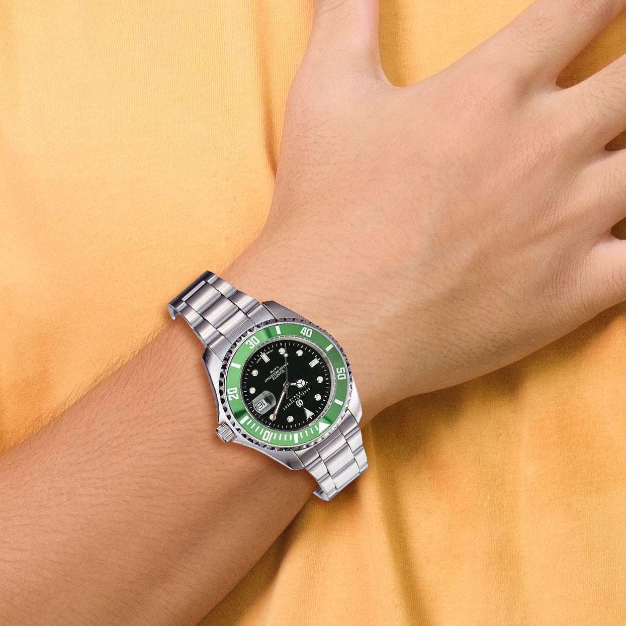 Charles Hubert Stainless Steel Black Dial Green Bezel Watch