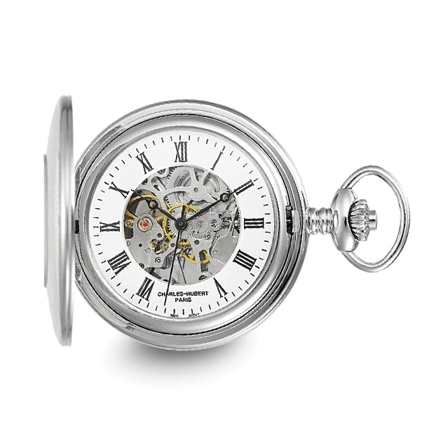 Charles Hubert Solid Stainless Steel White Dial Pocket Watch