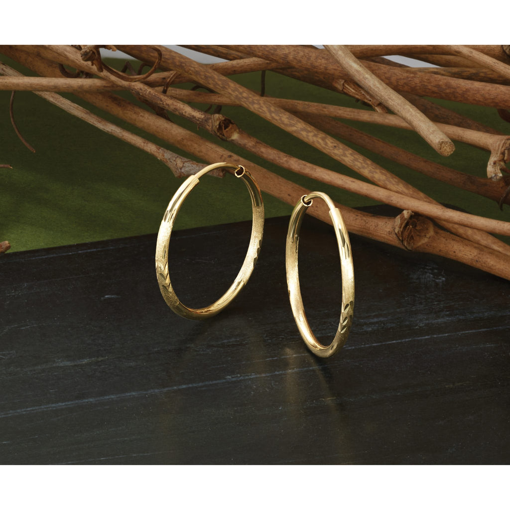 Endless Hoop Earrings in 14K Yellow Gold, 1.5x20mm Satin & Diamond-Cut - Sophia Jewelers