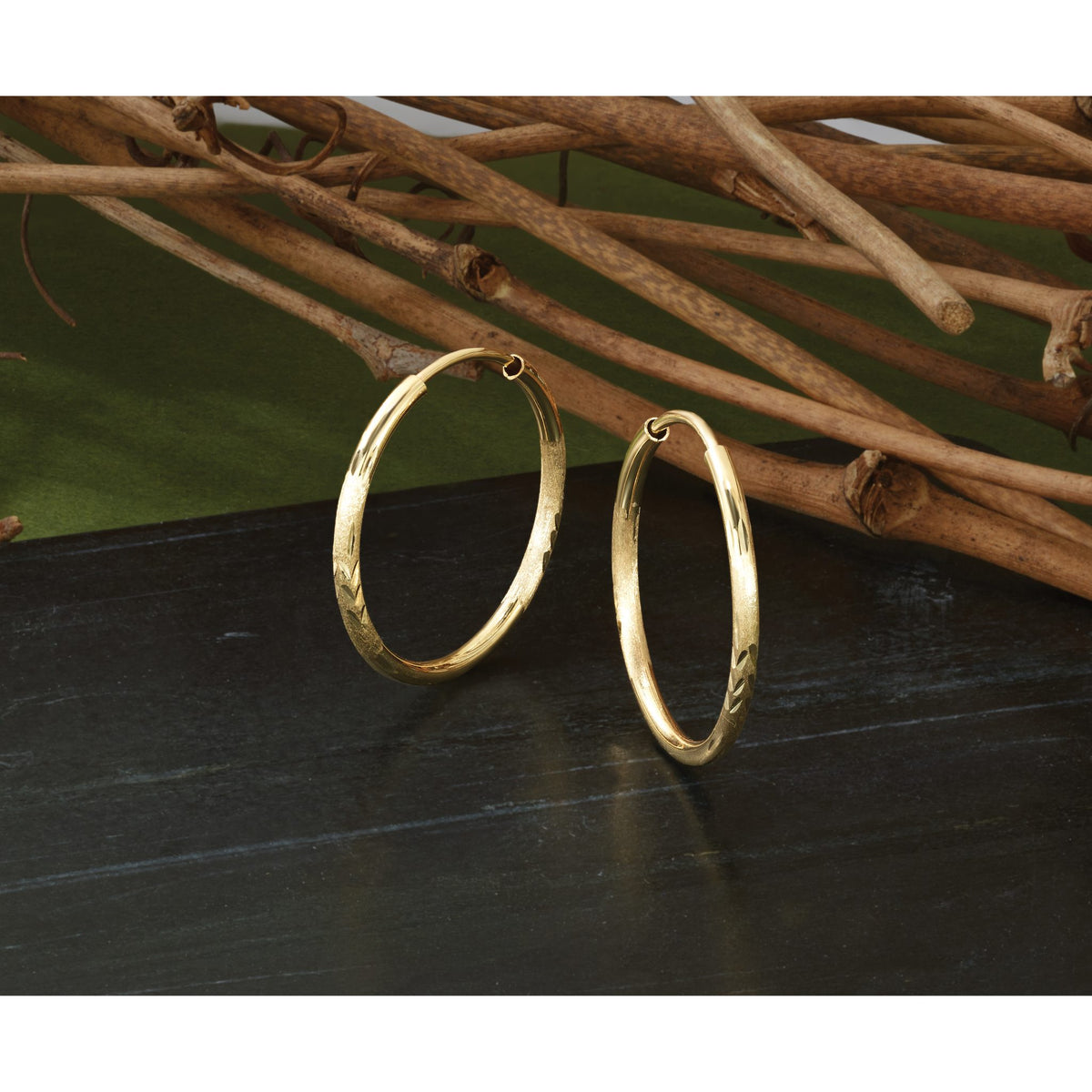 Endless Hoop Earrings in 14K Yellow Gold, 1.5x20mm Satin & Diamond-Cut - Sophia Jewelers
