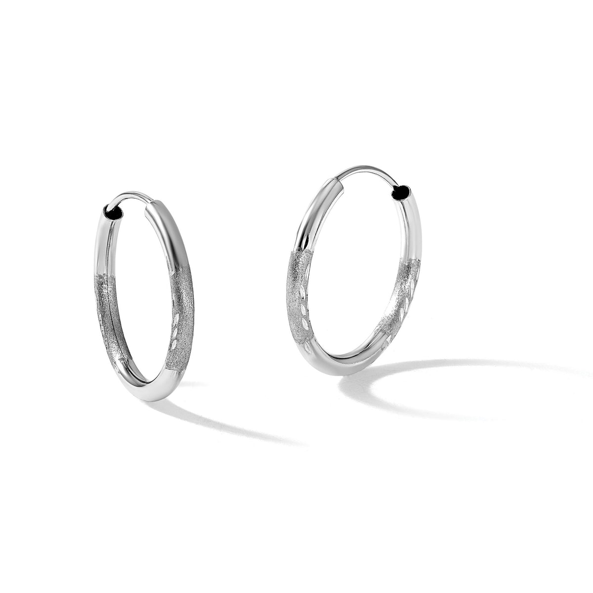 14K White Gold 2x18mm Satin Diamond-Cut Endless Tube Hoop Earrings