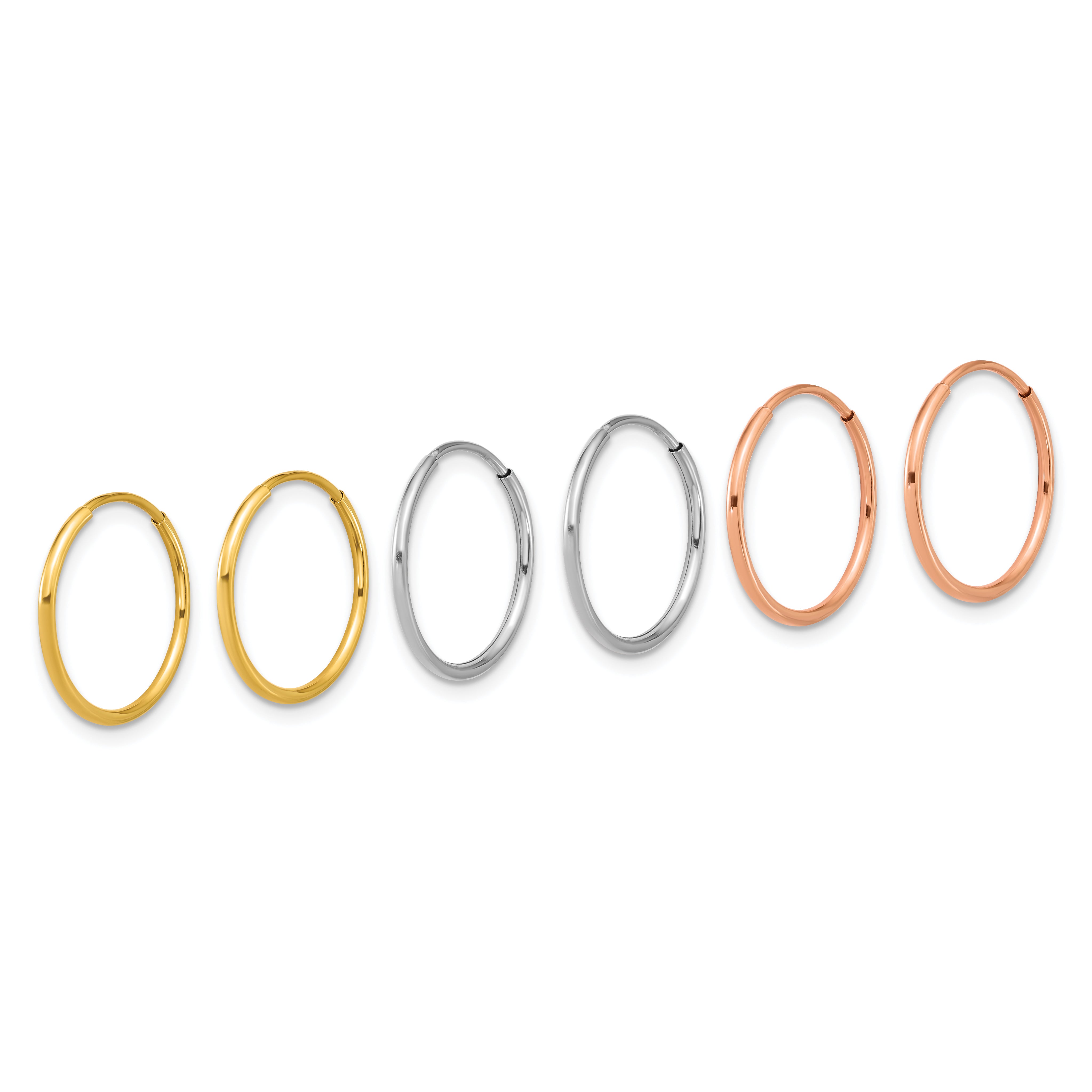 14k Yellow White and Rose Gold 1.20mm Endless Hoop Earring Set Secondary image
