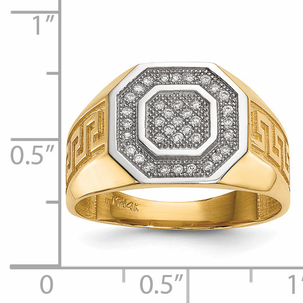 14kw/ Rhodium Mens Micro Pave CZ Octagon & Greek Key Ring
