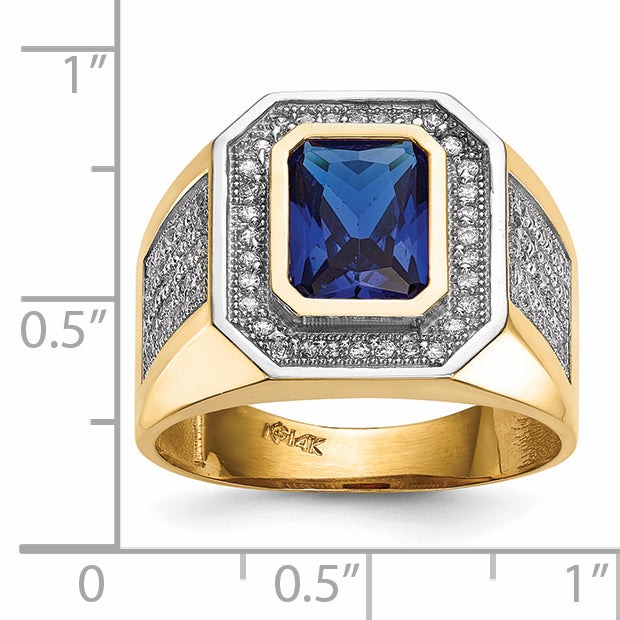 14k w/ Rhodium CZ & Emerald-cut Blue CZ Mens Ring