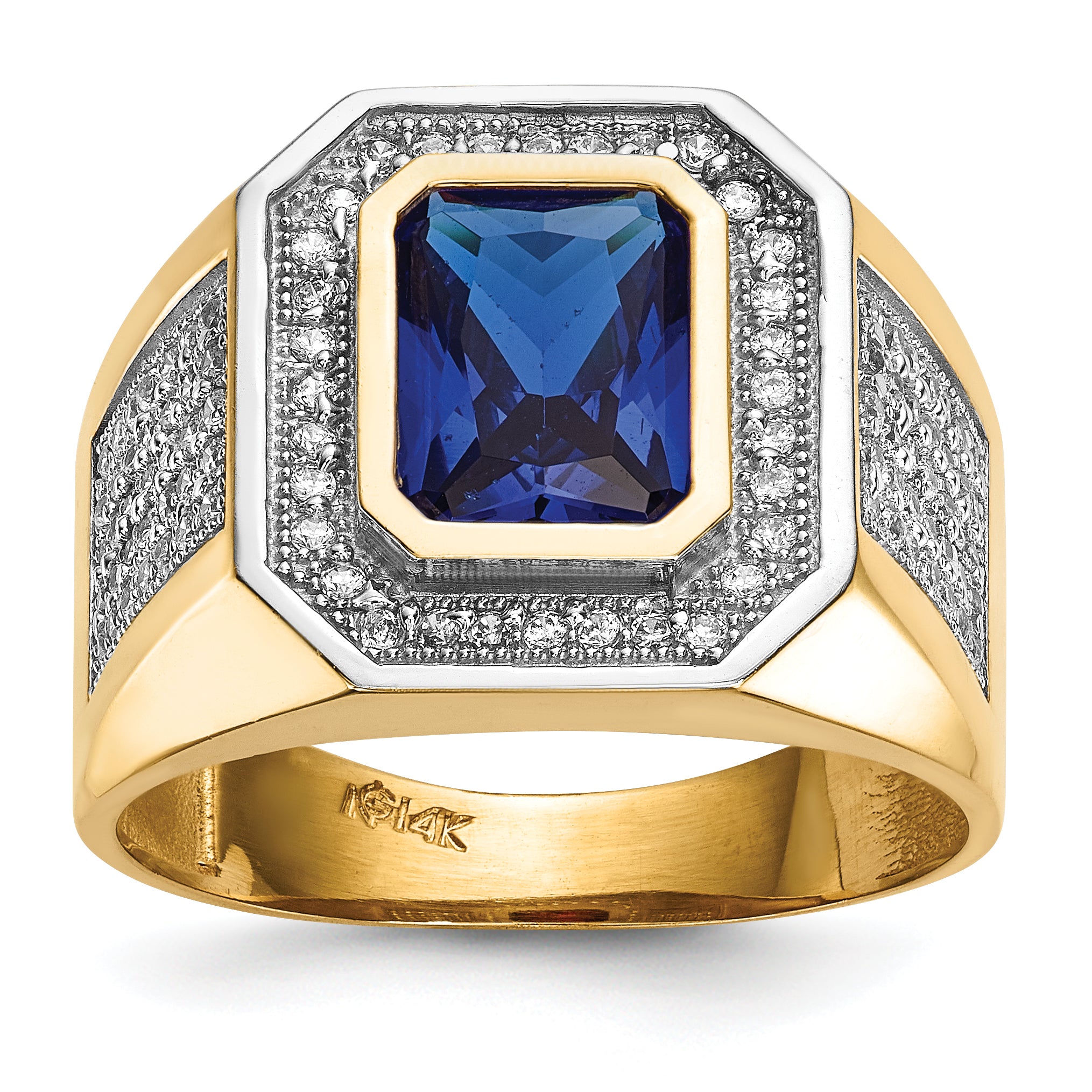 14k w/ Rhodium CZ & Emerald-cut Blue CZ Mens Ring Main image