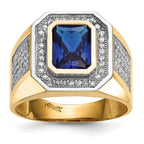 14k w/ Rhodium CZ & Emerald-cut Blue CZ Mens Ring