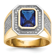 14k w/ Rhodium CZ & Emerald-cut Blue CZ Mens Ring