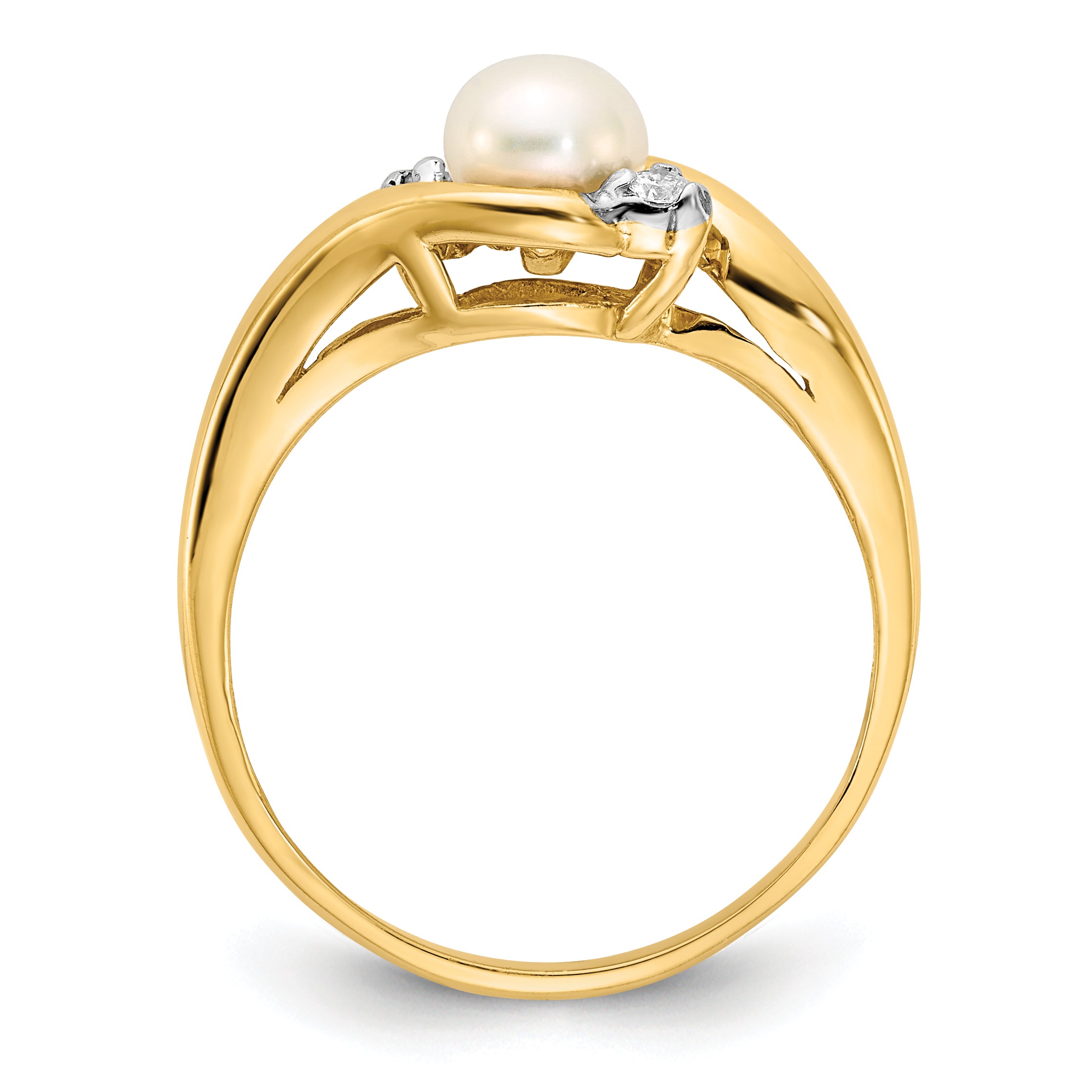 14k 5-6mm White Button Freshwater Cultured Pearl and .04 Carat Diamond Ring
