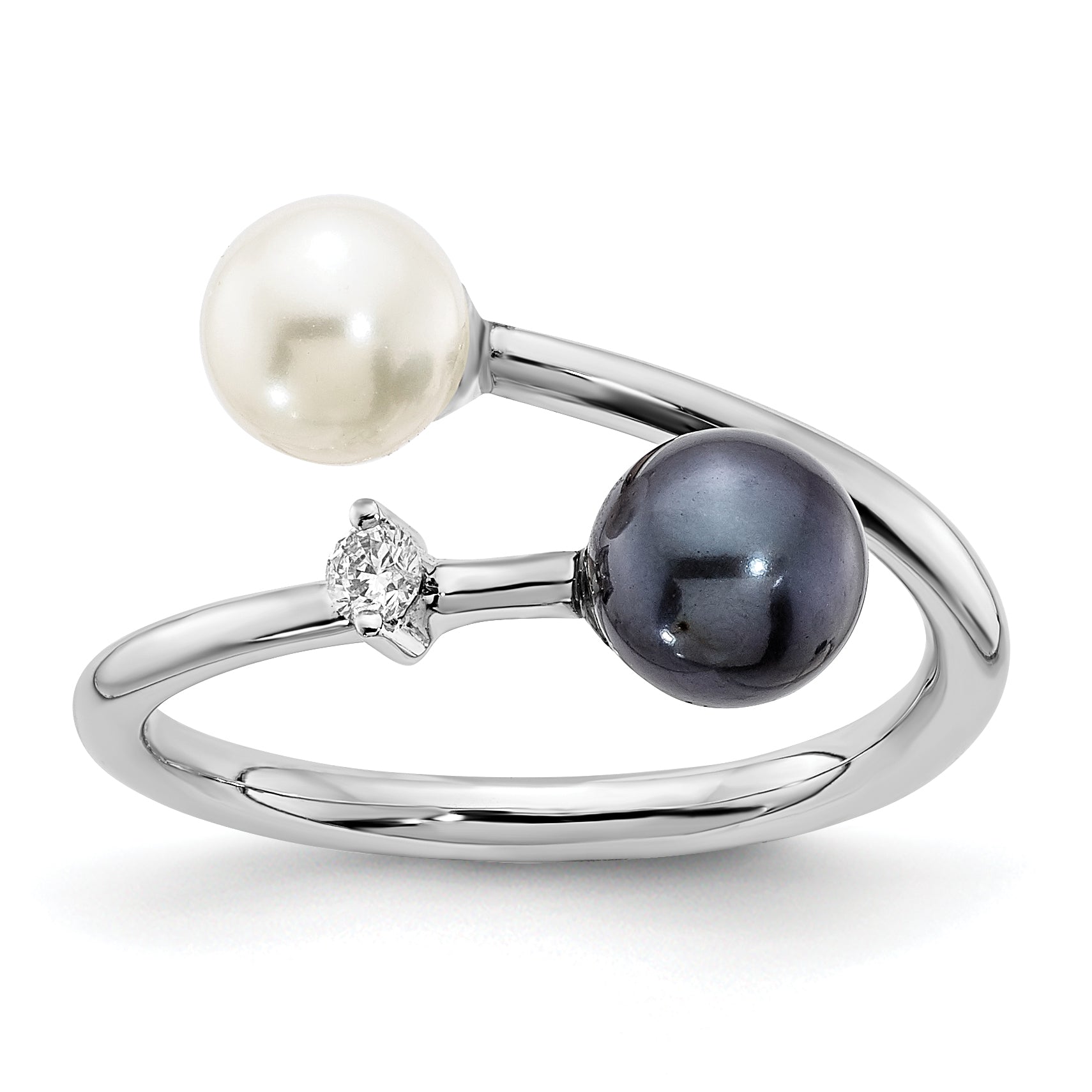 14k White Gold 5-6mm Black and White Round Akoya Saltwater Cultured Pearl and .04 Carat Diamond Adjustable Ring Main image