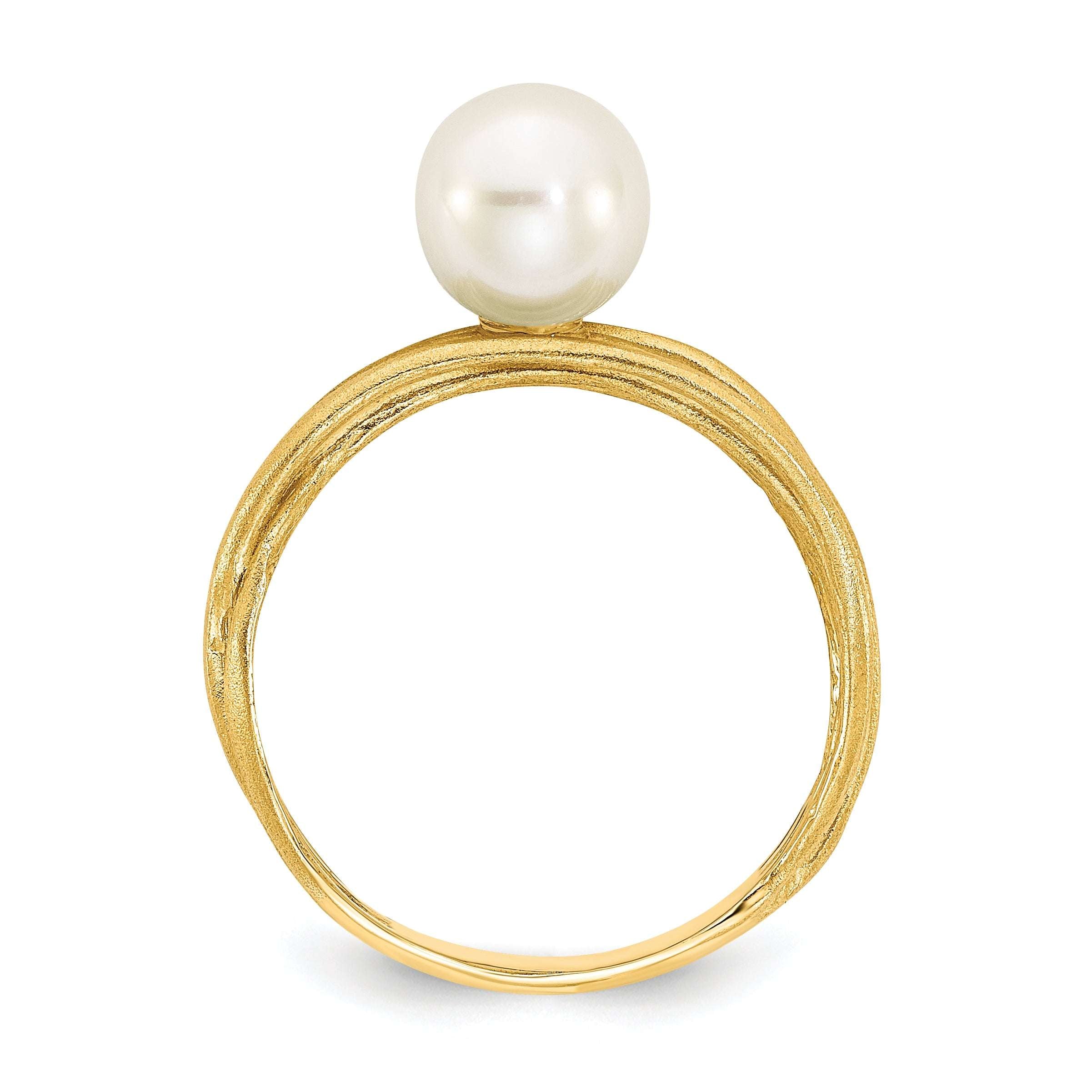 14K 7-8mm Round White Freshwater Cultured Pearl Brushed Ring Secondary image