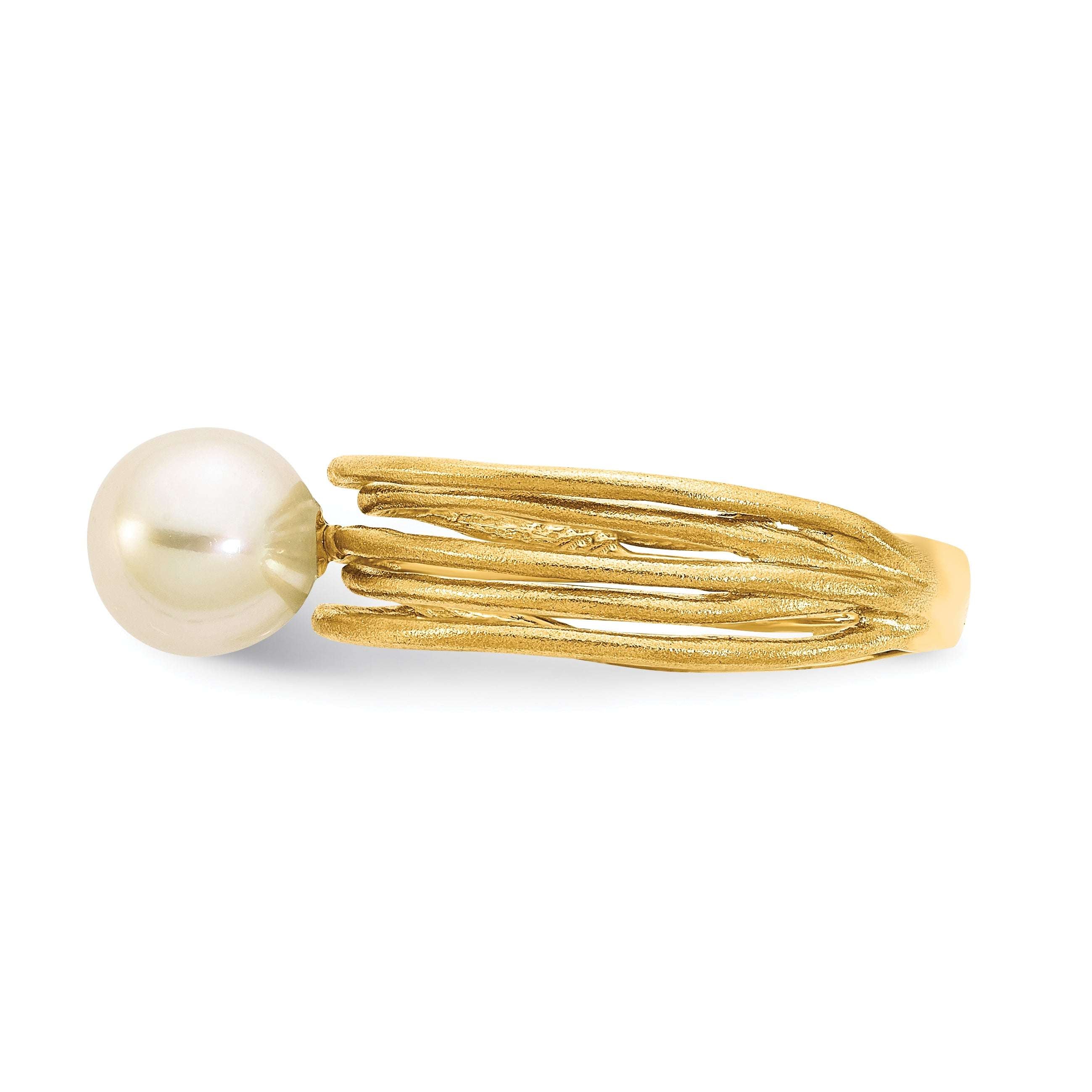 14K 7-8mm Round White Freshwater Cultured Pearl Brushed Ring