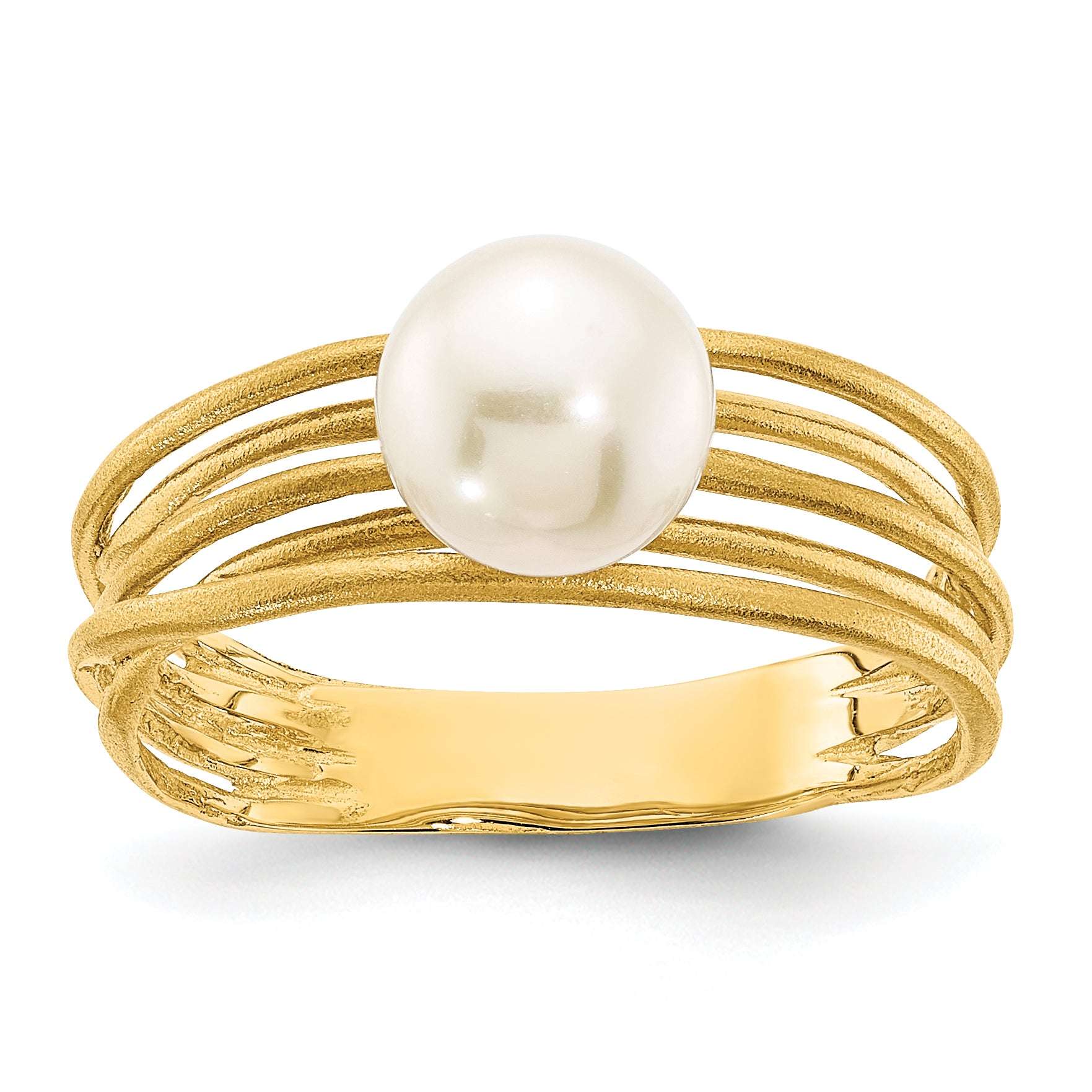14K 7-8mm Round White Freshwater Cultured Pearl Brushed Ring Main image