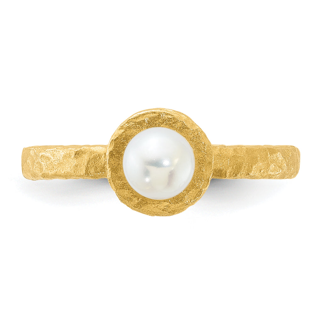 14K Brushed & Hammered 5-6mm Rnd Wht Freshwater Cultured Pearl Ring