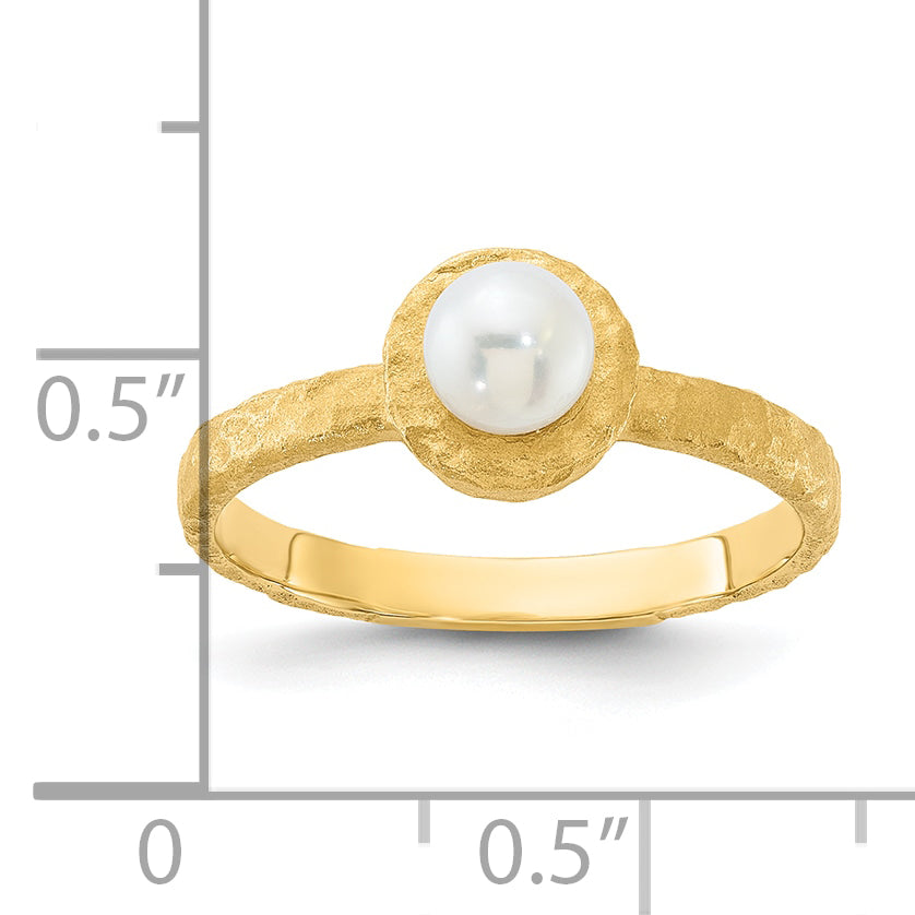 14K Brushed & Hammered 5-6mm Rnd Wht Freshwater Cultured Pearl Ring