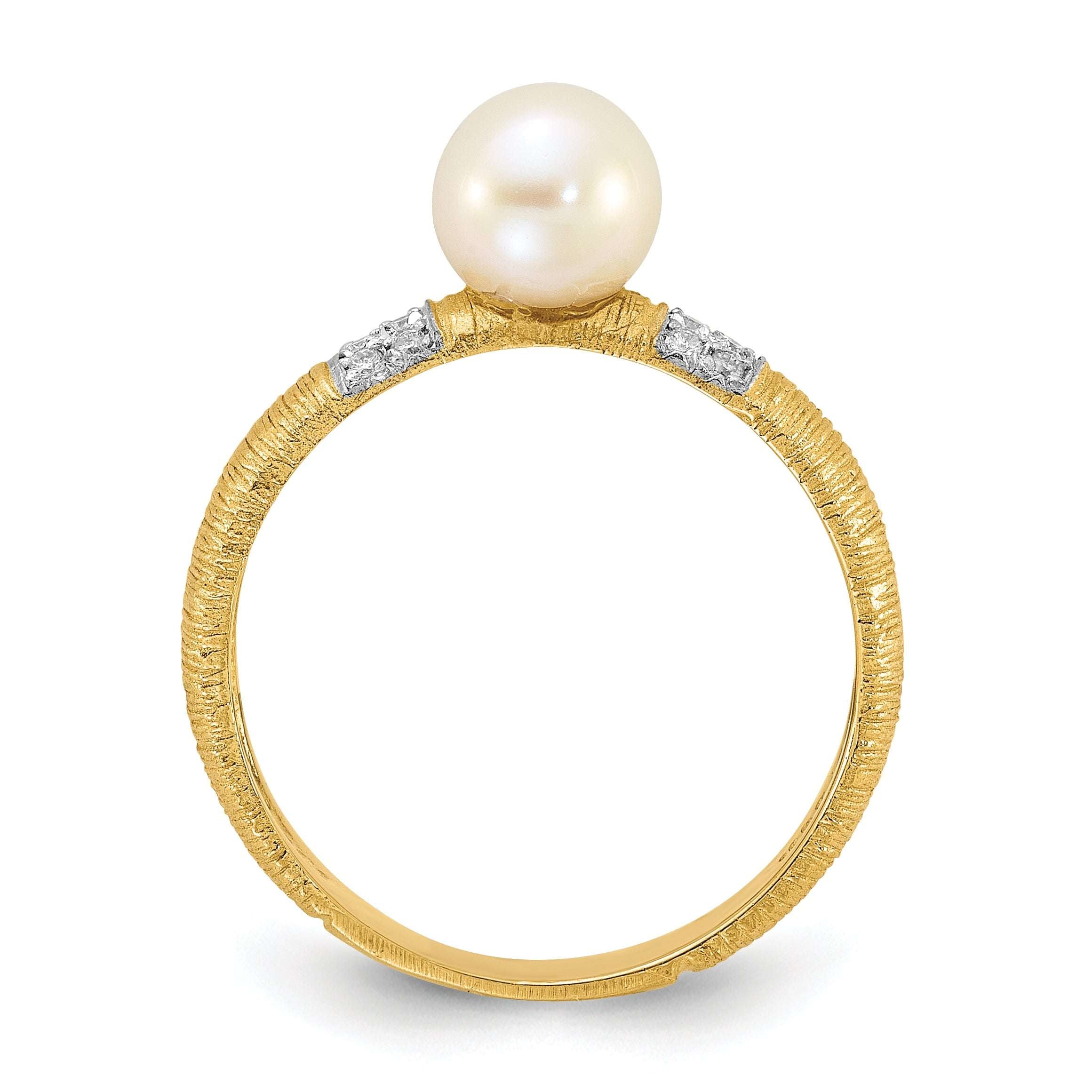 14K Textured 6-7mm Round White FWC Pearl and .09ct Diamond Ring Secondary image
