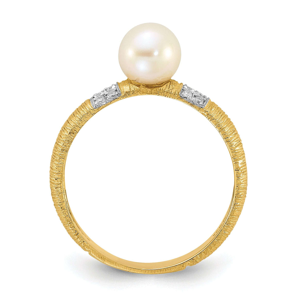 14K Textured 6-7mm Round White FWC Pearl and .09ct Diamond Ring