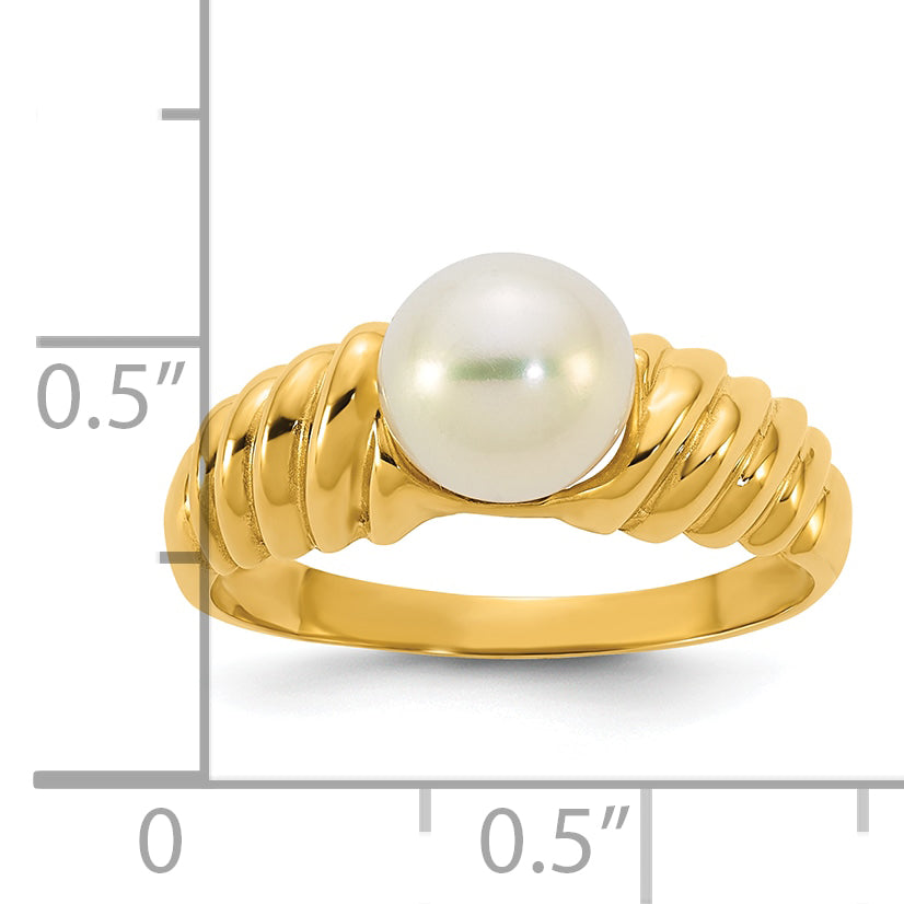 14k Polished 6-7mm Round White Freshwater Cultured Pearl Size 7 Scalloped Shank Ring