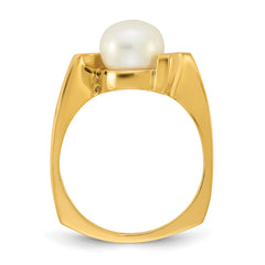 14k Polished 7-8mm Button White Freshwater Cultured Pearl Size 7 Square Shank  Ring