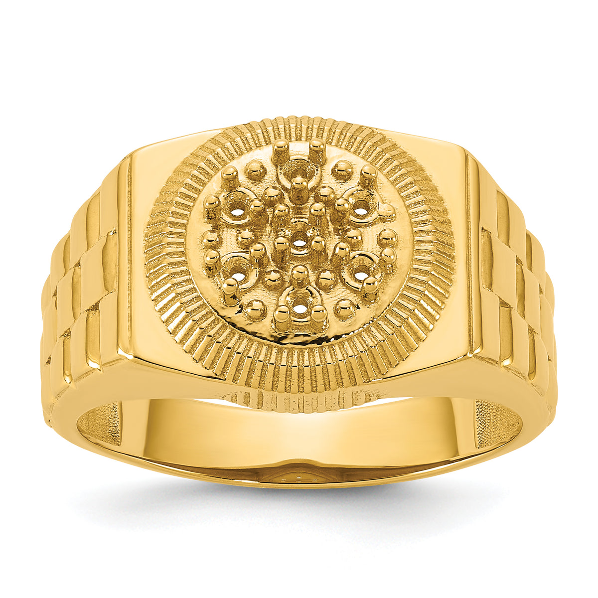 14k Ridged-Sides Circular Top Mens Diamond Ring Mounting (No Stone Included)