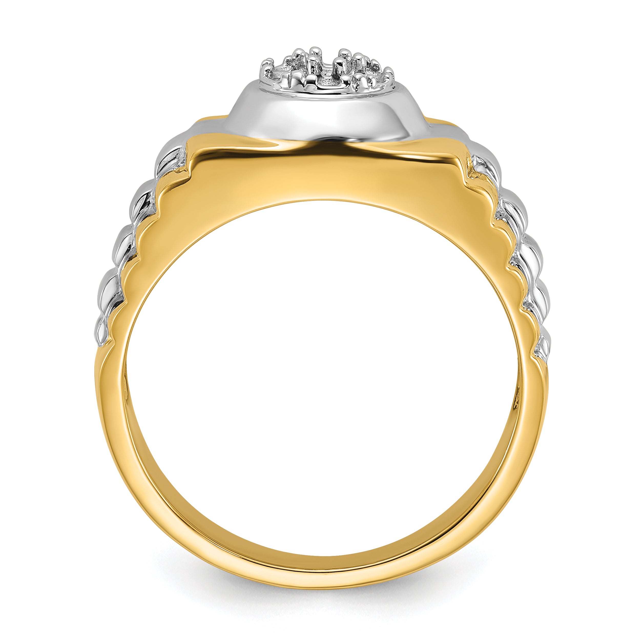 14k Two-Tone Ridged-Sides Circular Top Mens Ring Mounting (No Stone Included)