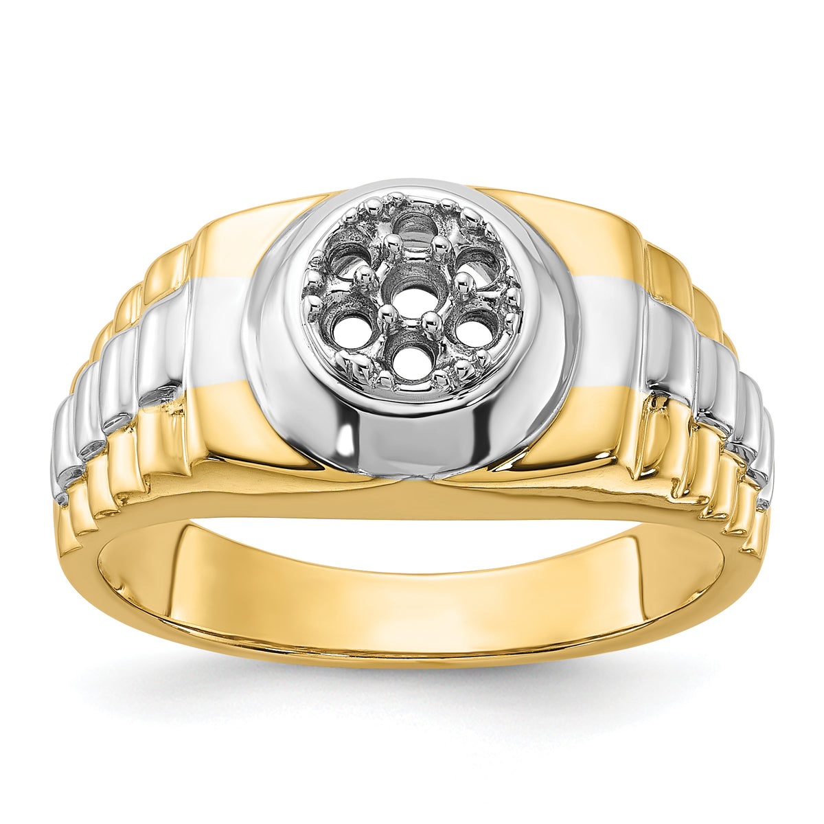 14k Two-Tone Ridged-Sides Circular Top Mens Ring Mounting (No Stone Included)