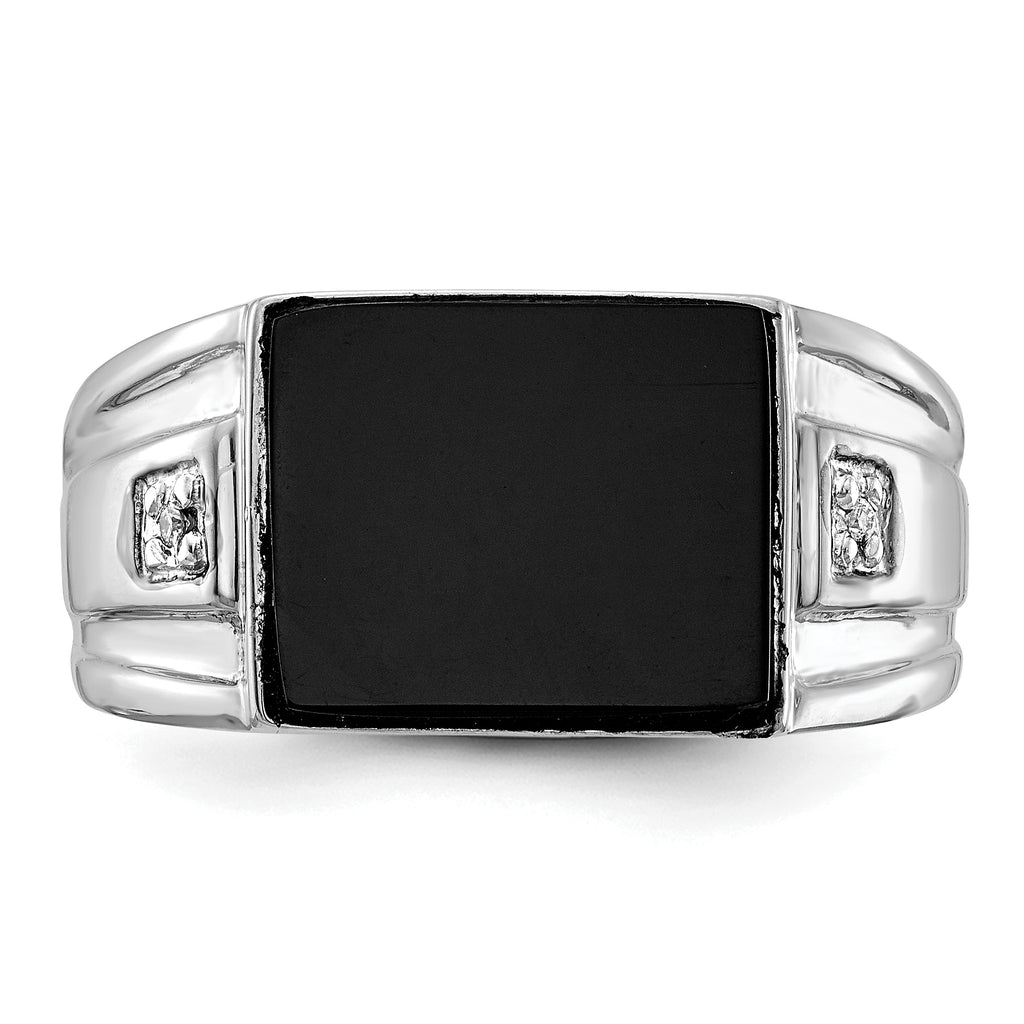 14k White Gold 10x8mm Rectangle Onyx and AA Diamond Mens Ring