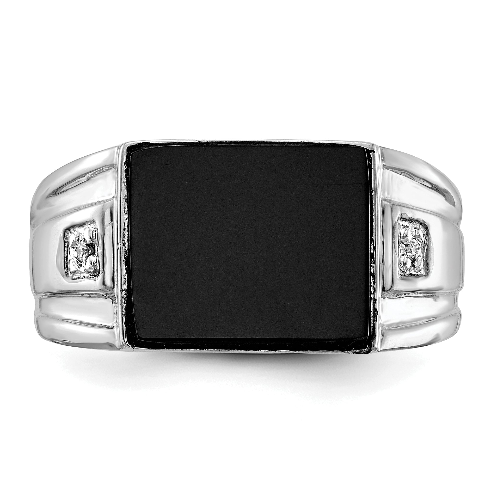 14k White Gold 10x8mm Rectangle Onyx and AA Diamond Mens Ring