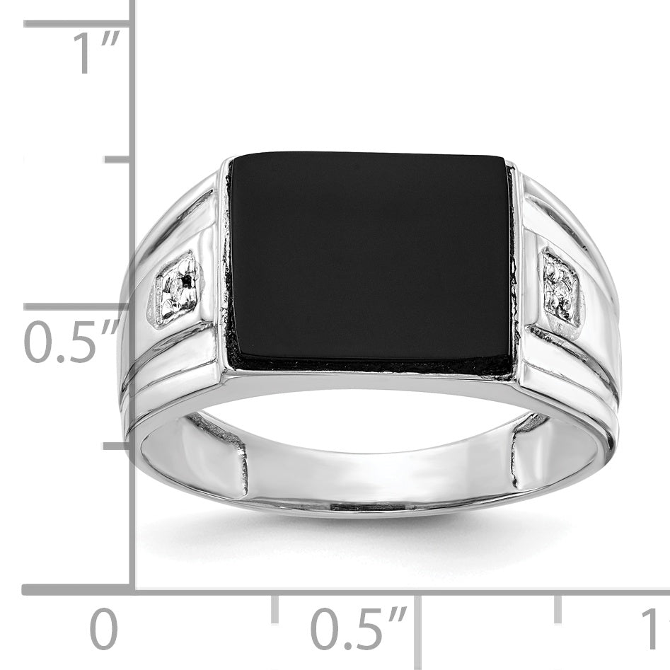 14k White Gold 10x8mm Rectangle Onyx and AA Diamond Mens Ring