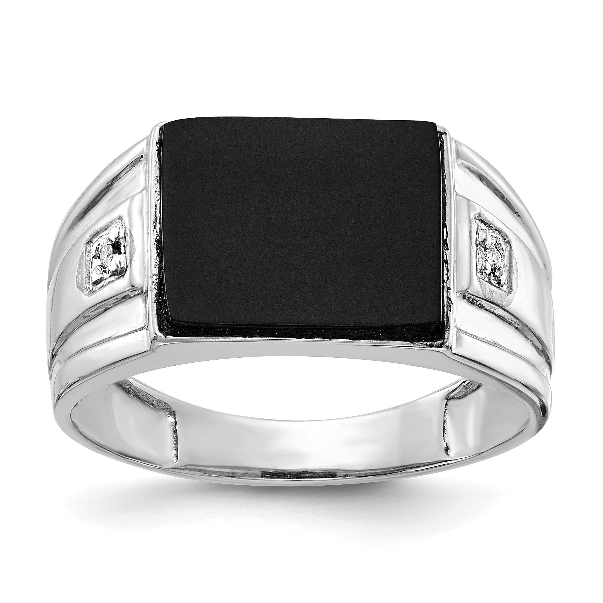 14k White Gold 10x8mm Rectangle Onyx and A Diamond Mens Ring Main image