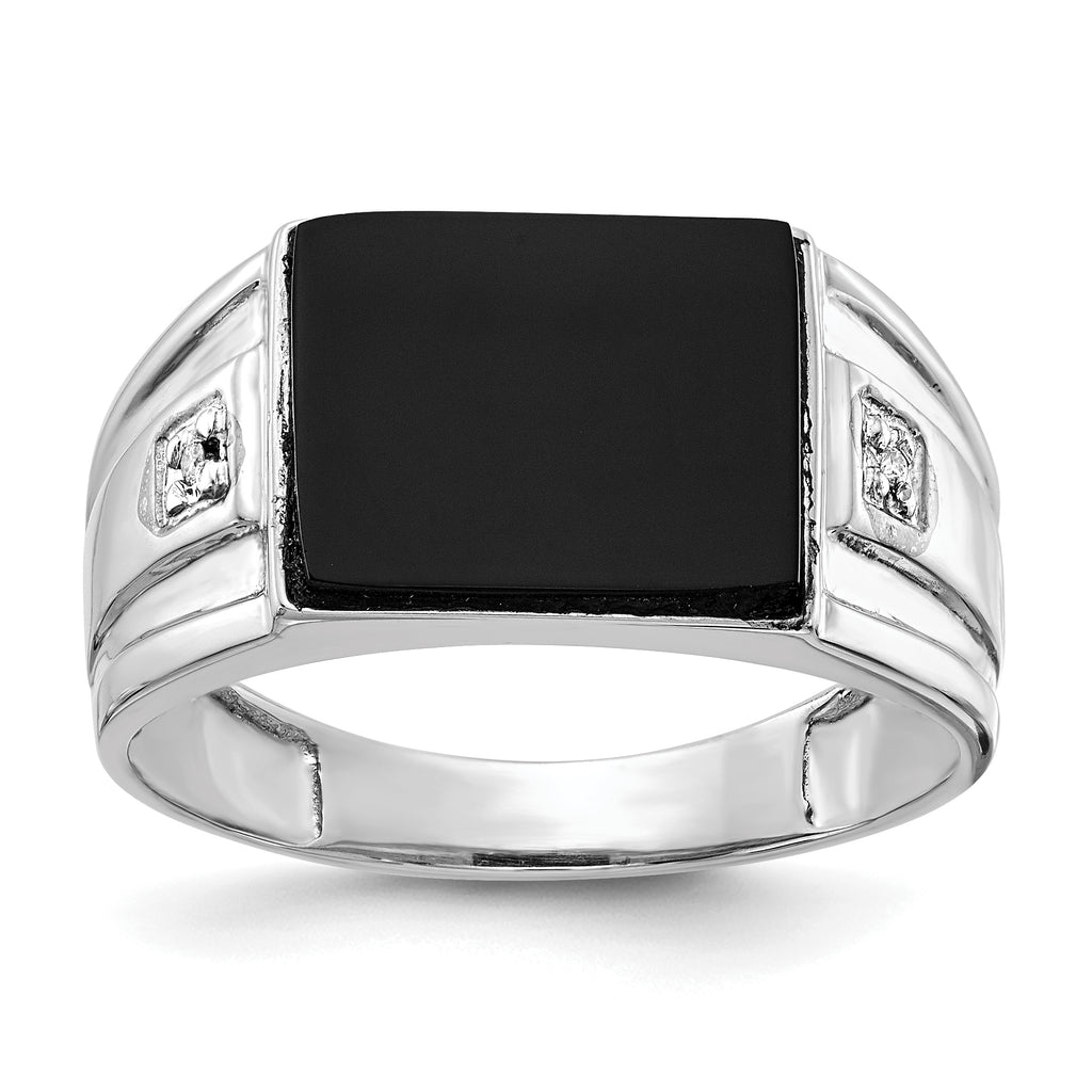 14k White Gold 10x8mm Rectangle Onyx and AAA Diamond Mens Ring