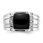 14k White Gold Cushion Onyx and A Diamond Mens Ring